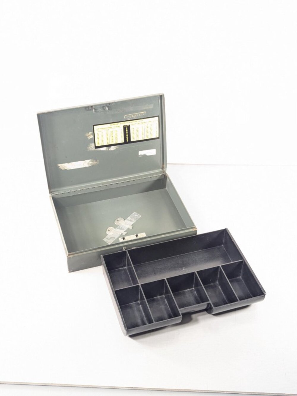 Vintage Industrial Gray Metal Money Lock Box with divider tray, Oxford portable